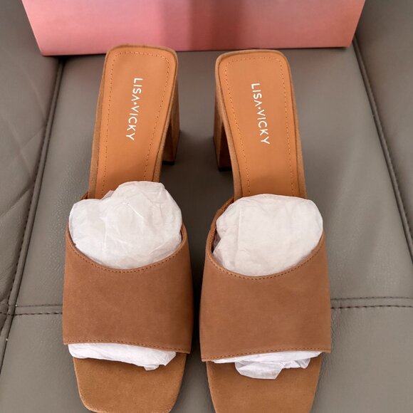 Lisa Vicky Vital - V  Tan Kid Suede Block Heel Slide Sandal Heels New in Box - Picture 3 of 9